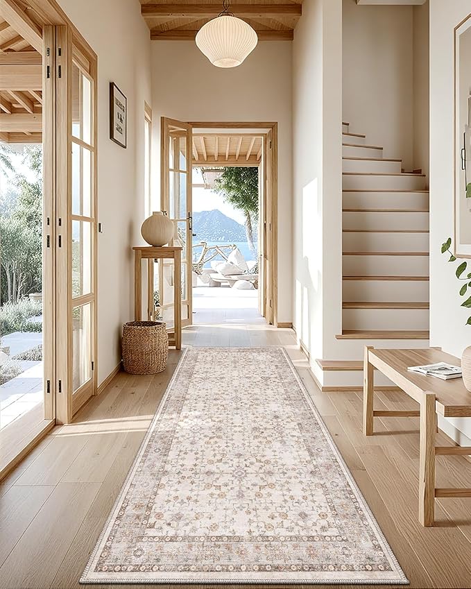 LUMI Runner Rug 3x8, Washable Non-Slip Hallway Throw Rugs, Long Soft Thin Vintage Oriental Kitchen Mats, Low-Pile Indoor Kitchen Entryway Area Rug, Beige