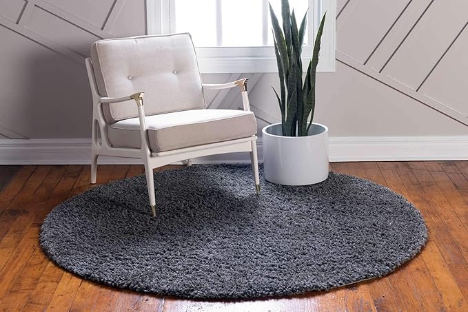 Unique Loom Davos Shag Collection Area Rug - Solid (4' 1" Round, Peppercorn)