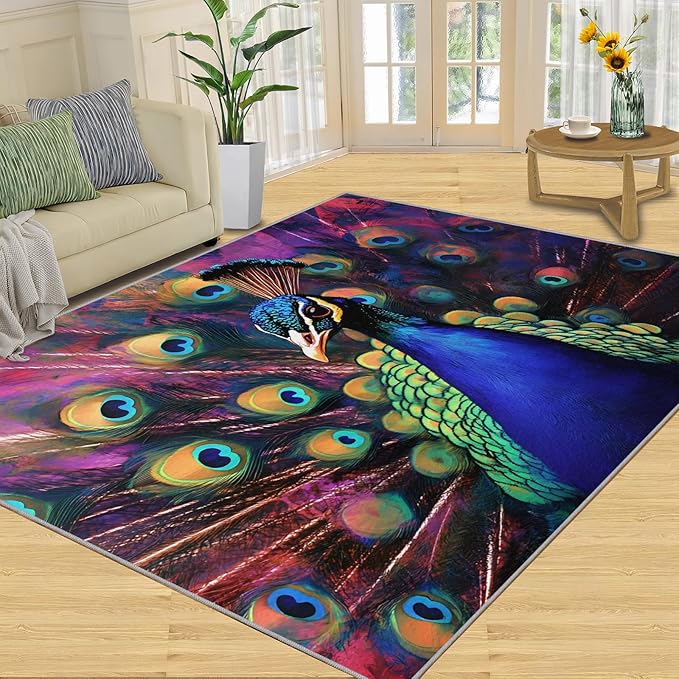 Peacock Rugs for Bedroom - 3x5 Area Rug - Watercolor Peacock Rugs for Living Room, Abstract 3D Animal Rug, Non-Slip Washable Home Decor Carpet