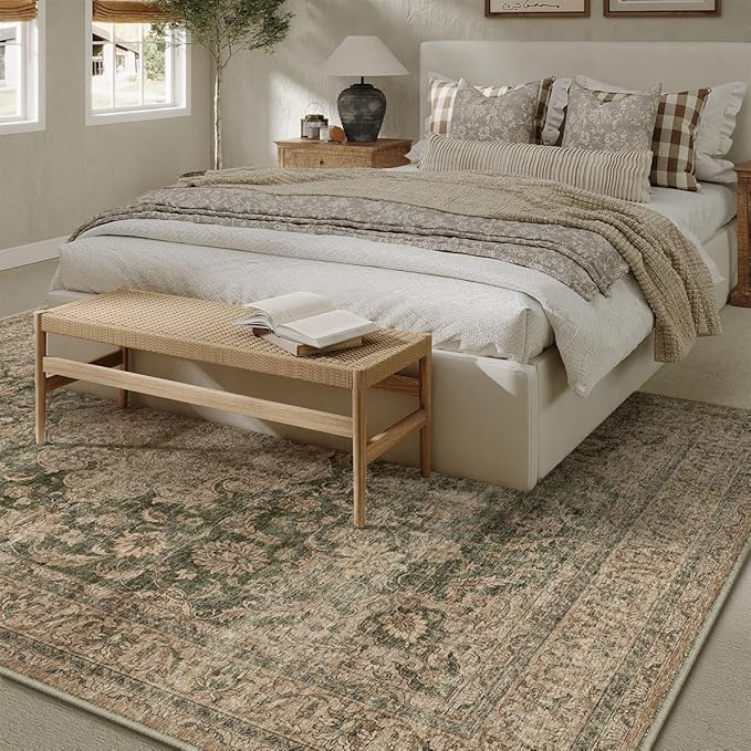 9x12 Vintage Area Rug Green Brown Living Room Bedroom Washable Carpet Non-Slip Soft Low Pile Distressed Indoor Large Throw Rug for Dining Room Office