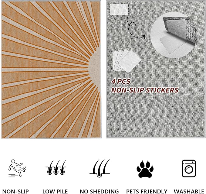 Boho Sun Print Area Rug for Living Room 6x9, Modern Abstract Non-Slip Washable Rugs, Soft Stripe Minimalism Carpet for Bedroom, Nursery, Entryway, Dining Room & Office Decor, Orange White