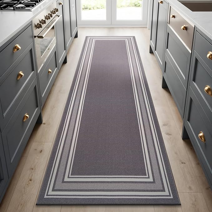 Beverly Rug Non Slip Area Rugs 2x7 Modern Bordered Non Skid Rubber Backing Soft Runner Rug for Living Dining Room Easy to Clean Non Shedding Kitchen Bedroom Indoor Carpet 2 x 7 Gray