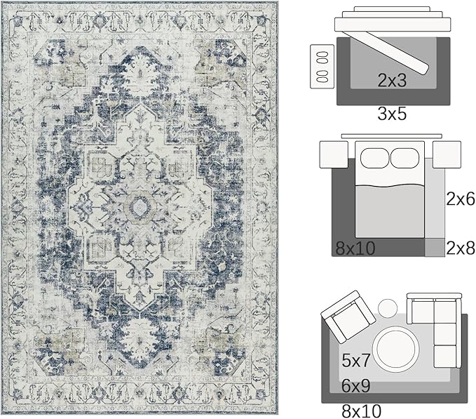 jinchan Kelda Area Rug 3x5 Washable Entryway Rug Vintage Soft Indoor Floor Cover Retro Distressed Mat Accent Lightweight Non-Slip Thin Carpet for Kitchen Bathroom Living Room Bedroom Grey