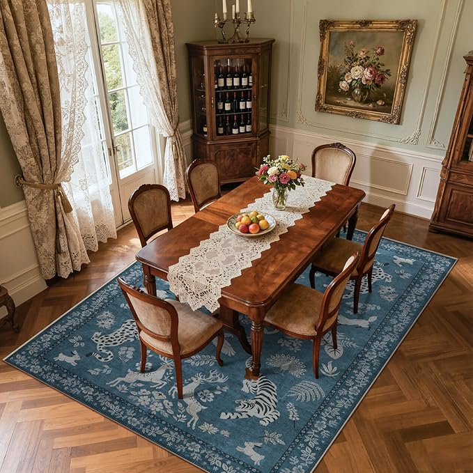 Moynesa Animal Area Rugs 8x10, Washable Luxurious Vintage Boho Blue Area Rug for Living Room Bedroom Dining Room Office Playroom, Foldable Low Pile Soft Non-Slip Carpets for Indoor