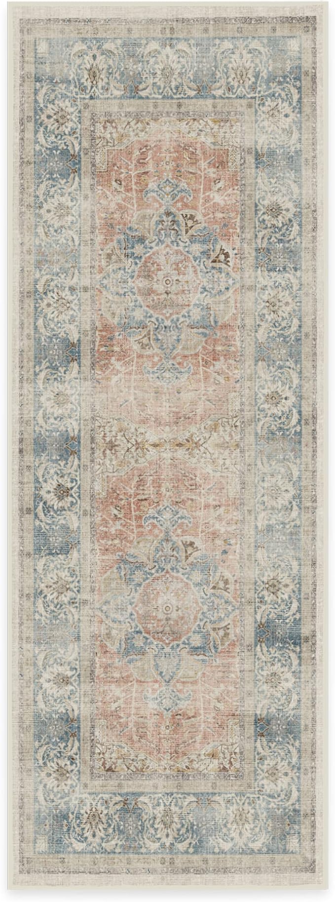 RUGGABLE Washable Vintage Runner Rug – Sarrah Coral 2.5x7, Stain-Resistant, Non-Slip Hallway Runner – Machine Washable Rug for Hallway, Entryway, Living Room & Kitchen–with Standard Pad