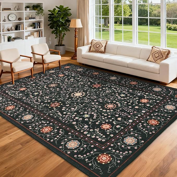 GarveeHome Boho 6x9 Area Rug for Living Room, Floral Vintage Rugs for Bedroom with Soft Low Pile, Non Slip Stain Resistant Botanical Washable Rug 6x9 for Dining Room Black Carpet for Dorm Office