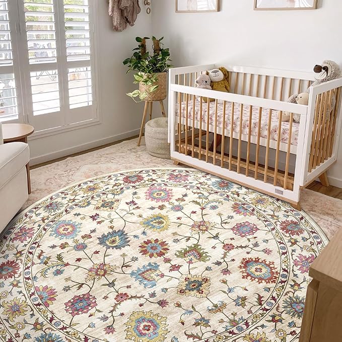 Washable Round Area Rug 6ft - Cream Colorful Traditional Floral Living Room Circle Rug Non-Slip Farmhouse Dining Room Carpet Soft Vintage Bohemian Round Rugs for Bedroom Office Nursery