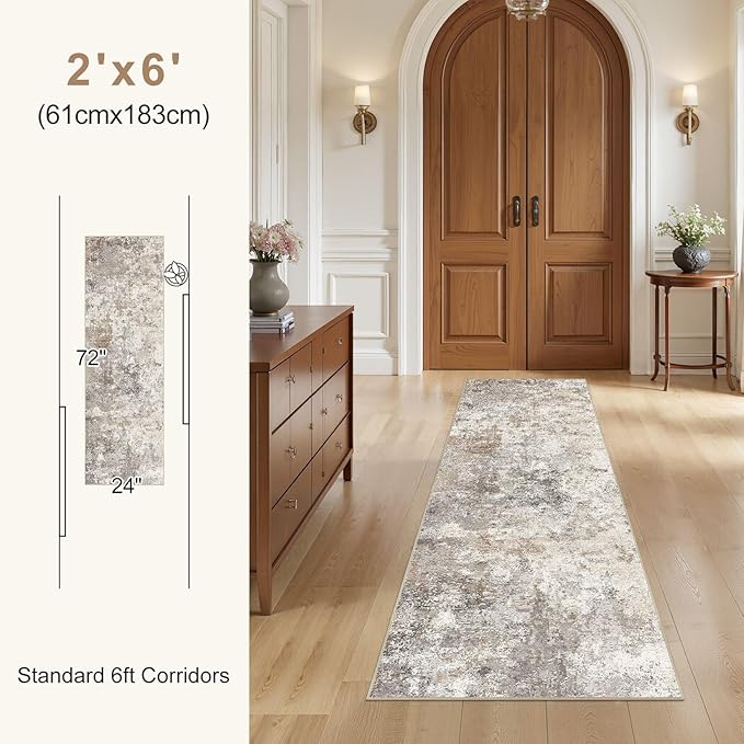 2X6 Washable Runner Rug for Hallway: Soft Neutral Modern Abstract Area Rug - Non-Slip Low Pile Long Throw Indoor Carpet for Kitchen Entryway Kitchen Bedroom Laundry Bathroom - Brown Grey