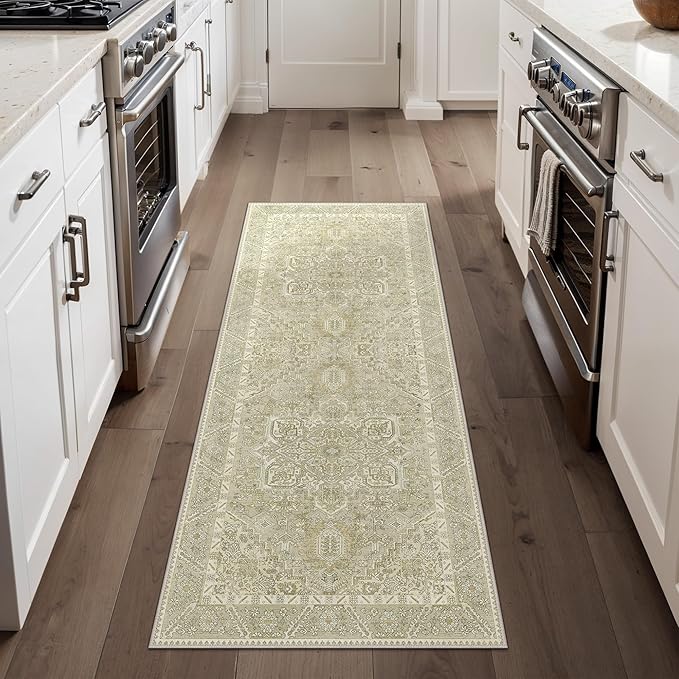 2x5 Runner Rug Machine Washable Boho Runners for Hallway,Ultra-Thin Low Pile Rug,Lightweight Indoor Carpet,Non Slip Floral Runners for Enrtyway, Corridor, Home Office, Kitchen,Taupe