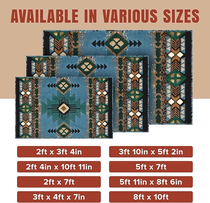 YHSF South West Native American Area Rug C318 - Easy Clean, Thick, Soft, Durable Native Tribal American Indian Inspired Rug for Bedroom/Living Room and More - Blue-Green, 3 Feet x 4 Feet 7 Inches