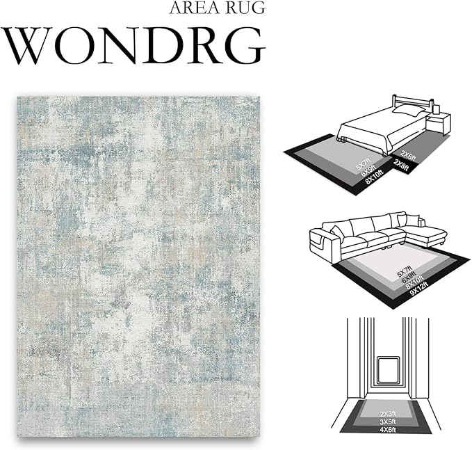 2x12 Washable Runner Rug Blue Cream Abstract Hallway Kitchen Throw Rug Neutral Modern Non Slip Soft Low Pile Lightweight Carpet for Bathroom Laundry Bedroom Living Room