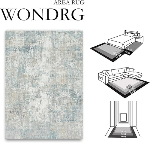 10x14 Area Rug Blue Cream Abstract Living Room Bedroom Washable Carpet Neutral Modern Non-Slip Soft Low Pile Lightweight Vacuumable Large Throw Rug for Dining Room