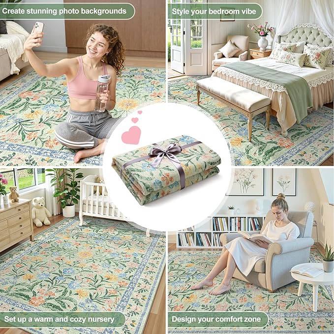 Wonnitar Machine Washable 5x7 Area Rug, Boho Floral Rugs for Living Room Non-Slip, Soft Pink and Green Flower Ultra-Thin Non Shedding Carpet for Bedroom Dining Room Nursery