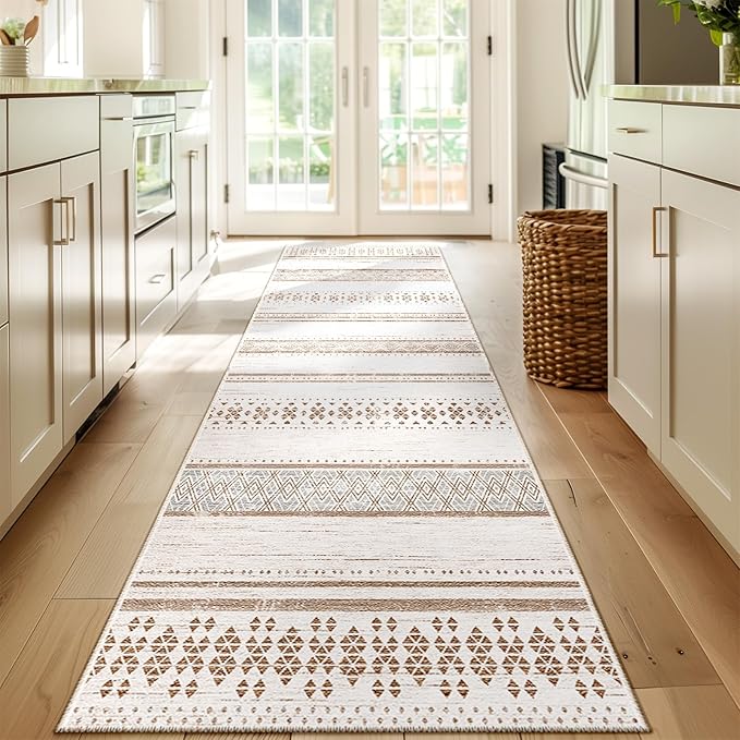 BESTSWEETIE 2x8 Area Rugs for Living Room Washable Moroccan Farmhouse Neutral Geometric Low Pile Non-Slip Soft Print Pattern Rug for Bedroom Kitchen Dining Room Entryway Cream/Brown/Pink