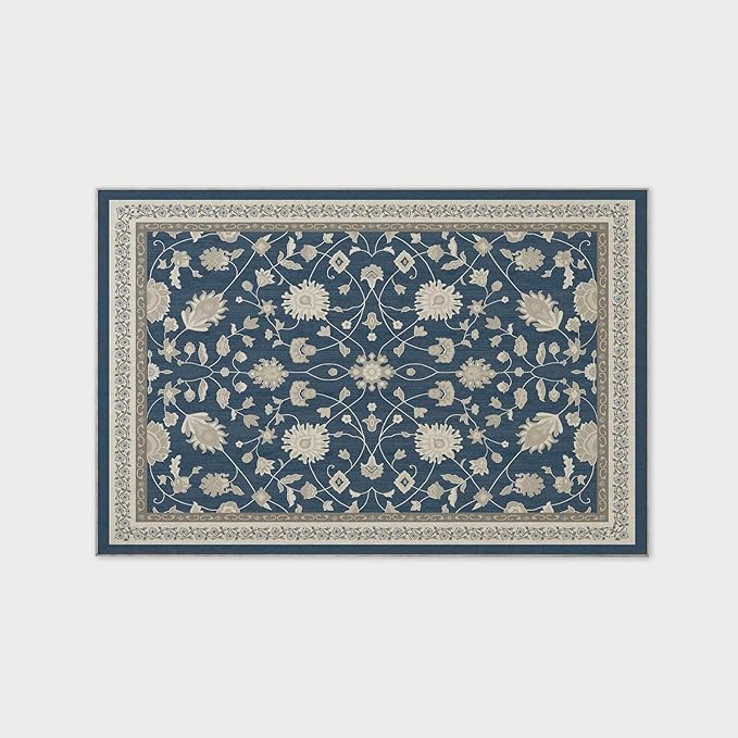 EVERGRACE Area Rugs for Living Room 6x9, Boho Floral Faux Wool Indoor Outdoor Rugs, Washable Rugs for Bedroom Dining Room Entryway Kitchen, Low Pile Floor Mat Carpet for Home Decor, Navy Blue
