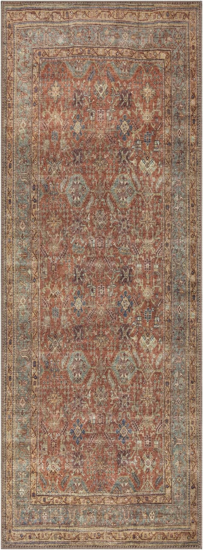Bloom Rugs Washable Non-Slip 10 ft Runner - Terracotta/Mustard Traditional Runner for Entryway, Hallway, Bathroom, and Kitchen - Exact Size: 2.5' x 10'