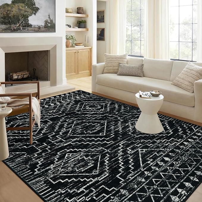 Wonnitar Moroccan 8x10 Area Rugs for Living Room, Washable Large Black Rug for Bedroom, Non-Slip Soft Thin Stain Resistant Boho Tribal Floor Carpet for Dining Guest Room Office (Black,8'x10')