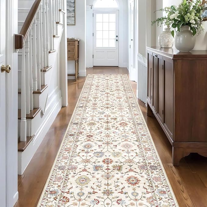 Washable Hallway Runner Rug 2.5x12ft - Long Non-Slip Cream Colorful Boho Runner Rug Low Pile Soft Vintage Bohemian Floral Runners for Hallways Kitchen Living Room Indoor Entryway Bedroom Foyer