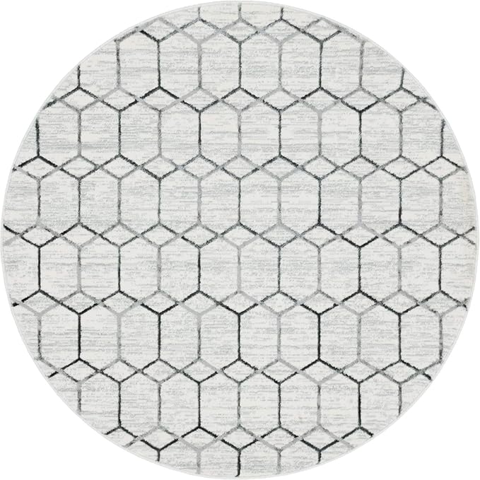 Rugs.com Lattice Trellis Collection Rug – 5 Ft Round White Low-Pile Rug Perfect for Kitchens, Dining Rooms