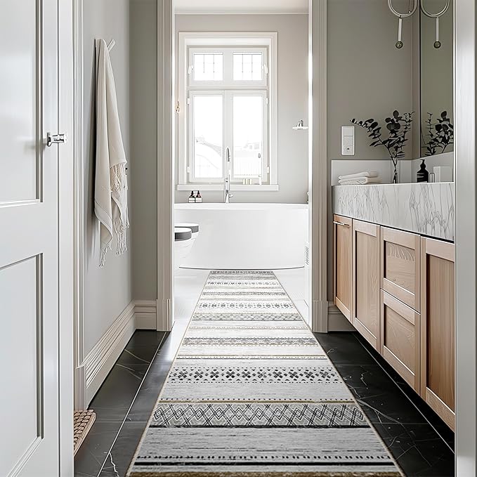 BESTSWEETIE 2x10 Area Rugs for Living Room Washable Moroccan Farmhouse Neutral Geometric Low Pile Non-Slip Soft Print Pattern Rug for Bedroom Kitchen Dining Room Entryway Black/Brown
