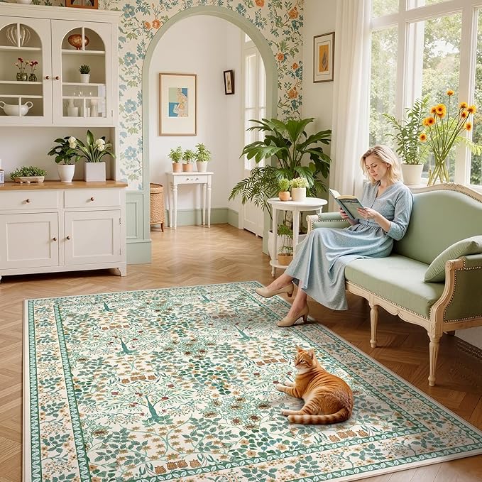 5x7 Area Rugs Living Room Rug - Floral Vintage Morris-Inspired Washable Carpet, Low Pile Non-Shedding Stain Resistance Boho Soft Carpet for Bedroom, Dining Room, Office, Farmhouse (5'x7' Beige Green)