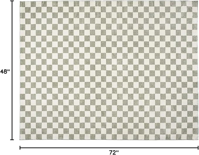 Revival Rugs Gambit 3'11"x6'1" Checkered Rug Machine Washable Area Rug for Kitchen Bedroom - 100% Recycled Oeko-TEX Certified, Medium Pile, Green, Beige