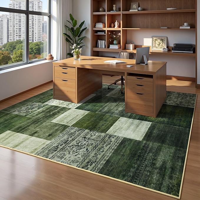 DweIke Washable Area Rugs for Living Room, 6x9 Large Bedroom Rugs, Geometric Print Non Slip Low Pile Indoor Throw Carpets for Bedroom Apartment Dining Room Home Office Hardwood Floor, Green