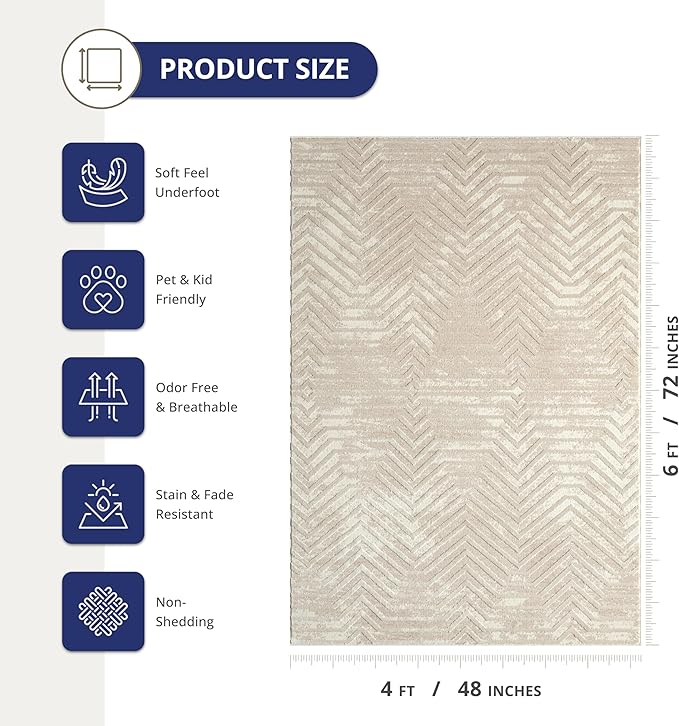 Abani Terra Cream 4' x 6' Area Rug for Living Room, Bedroom - Geometric Lines Pattern - Durable & Easy to Clean
