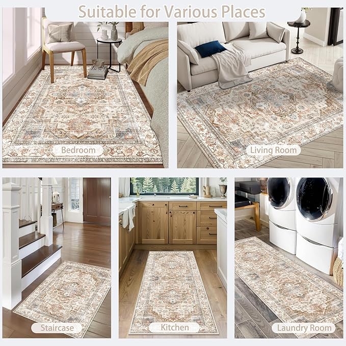 Enkor Runner Rugs for Hallway, 2x8 Washable Soft Non Slip Floor Rugs for Kitchen, Modern Mat for Living Room Bedroom Entryway Beige & Brown