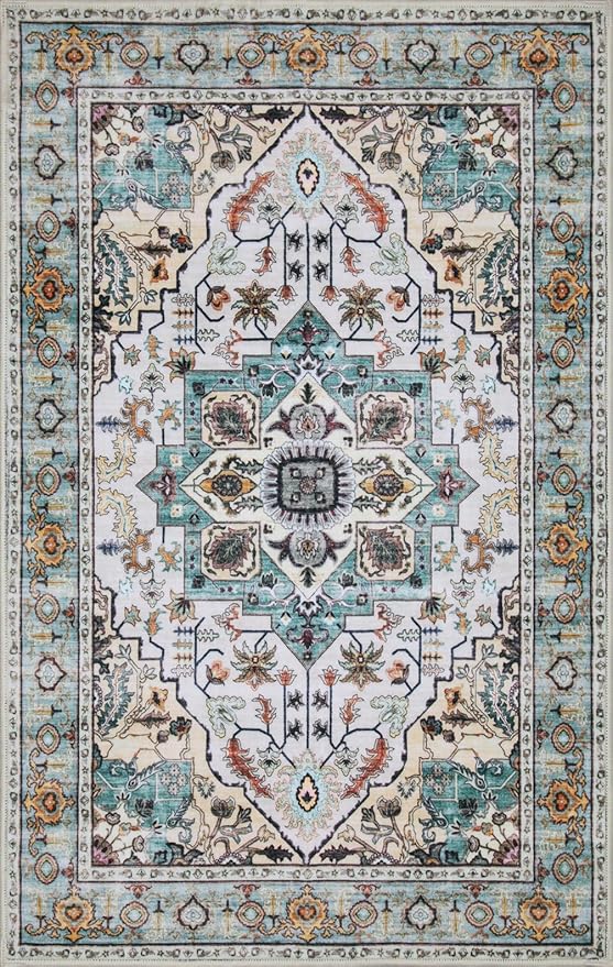 WILLSUN Washable Area Rugs, 6x9 Non-Slip Boho Large Area Rugs for Living Room, Bedroom, Machine Washable Vintage Rug, Indoor Floral Print Carpet for Home Decor, Kid & Pet Friendly Mat