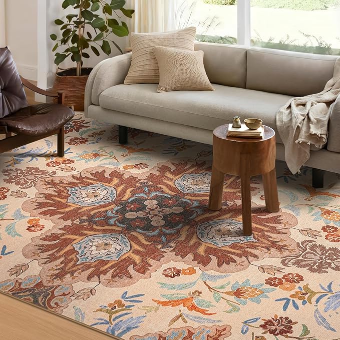 Phantoscope Washable Round Area Rug 6ft Non-Slip, Vintage Boho Rugs for Living Room, Bedroom, Dining Room, Fall Orange Floral Medallion Pattern, Low-Pile Foldable Floor Carpet, Rust/Multi Floral