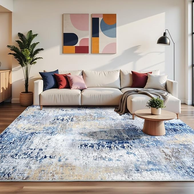 Washable Abstract Rug, 3x5 Modern Area Rugs with Non-Slip Rubber Backed for Bedroom, Thin but Soft Contemporary Carpet Kitchen Living Room Decor, Midnight Blue