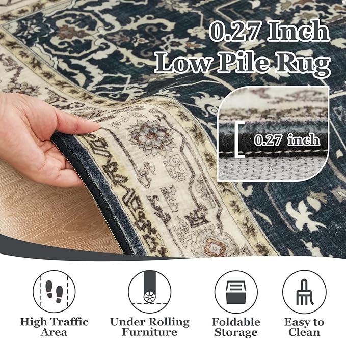 Vintage Distressed 2x3 Kitchen Rugs Washable Non Slip, Medallion Door Mat Indoor Entrance Entryway, Small Low Pile Rugs for Bedroom/Bathroom Vanity/Laundry Room, Midnight with Multi Accents