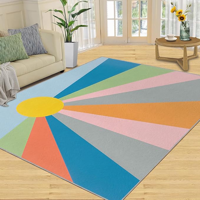 Boho Sun Area Rugs 8x10ft, Abstraction Deco Area Rug for Living Room, Minimalist Sunburst Modern Rug with Double Sided Carpet Tape for Bedroom Men Room Decor