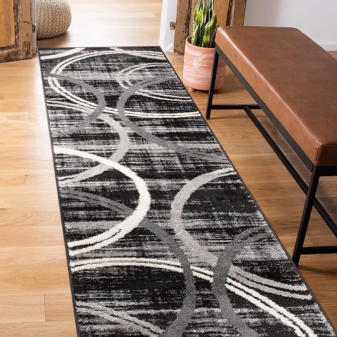 Rugshop Modern Wavy Circles Design Runner Rug, Non-Shedding Carpet for Hallway, Entryway, or Kitchen, Black, 2' x 7'2"