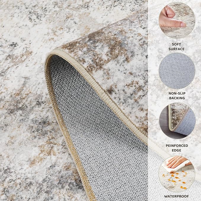 12x18 Area Rug Living Room Rugs - Washable Neutral Modern Abstract Soft Thin Rug Indoor Floor No Slip Rug Carpet for Bedroom Under Dining Table Home Office Decor - Blue/Light Brown