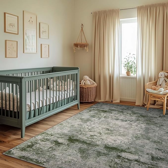 jinchan Green 5x7 Area Rugs - Machine Washable Vintage Floral Distressed Design Soft Low-Pile Non-Slip Carpet for Bedroom Nursery Living Room Dining Room Home Office (5x7ft, Forest Green)