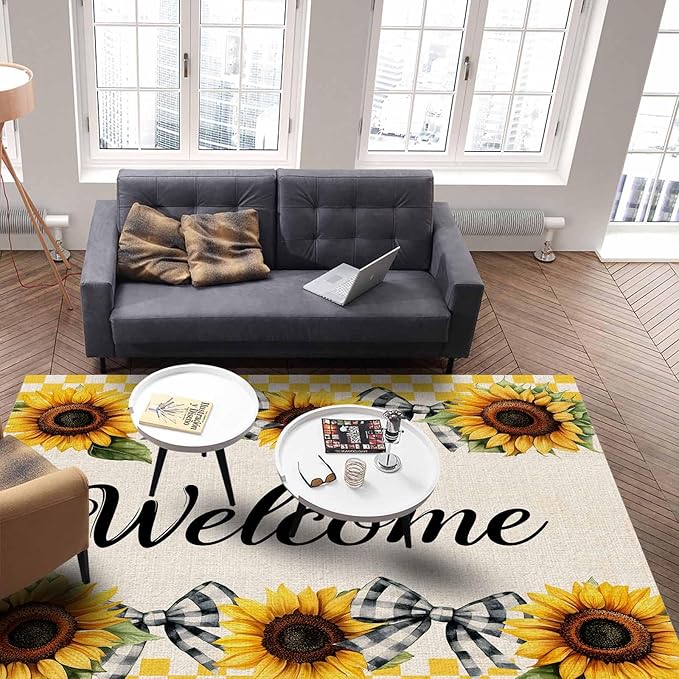 Summer Sunflowers Rectangular Welcome Area Rugs for Living Room Bedroom 3 x 5 ft Bow Tie Plaids Non-Shedding Soft Low Pile Rug Rustic Linen Non Slip Washable Rug for Nursery Entryway Playroom