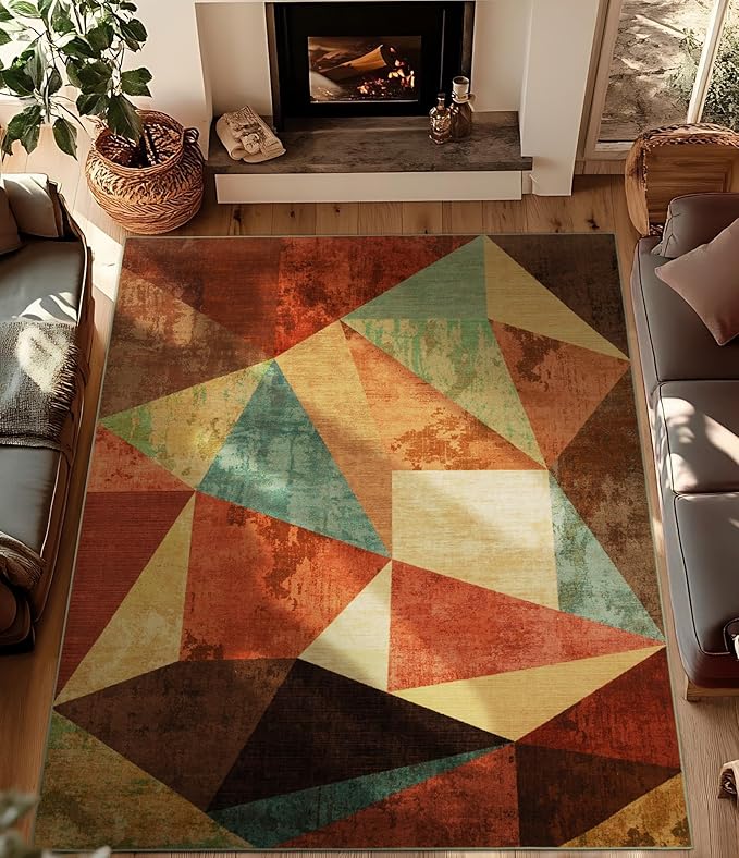 YIHOUSE Brown Area Rug 8x10,Geometric Burnt Orange Area Rug Non Slip,Farmhouse Rugs Washable,Vintage Burgundy Carpets for Bedroom, Boho Rug for Kitchen,Dining Room