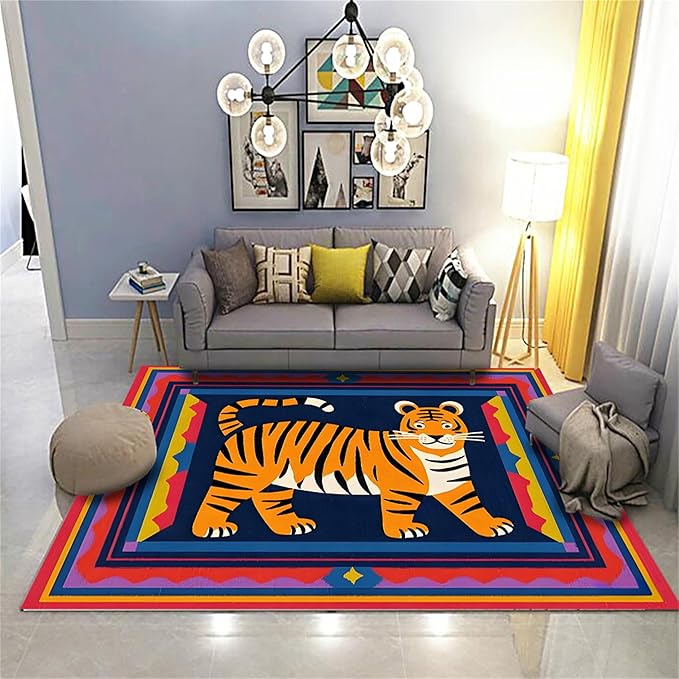 Cartoon Tiger Area Rug, 4x5ft,Tiger Theme Decorative Rug Suitable for Living Room Sofa Area, Modern Abstract Non-Slip Washable Tiger Pattern Rug Suitable for Bedroom Children's Room Decoration