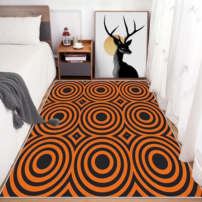 6x9 Geometric Circle Rugs for Bedroom Decor, Washable Retro 60s 70s Geometry Pattern Area Rug, Living Room Home Decoration, Non Slip Soft Thin, Black Orange Decor Carpet PF-P 49