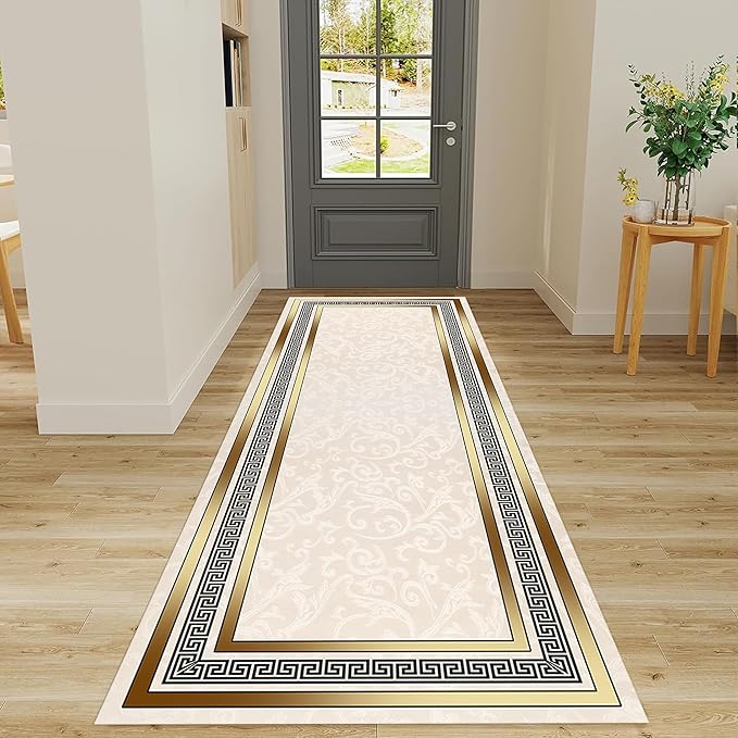 Classic Bohemian Hallway Rugs, 3.3x7ft, Western Retro Greek Key Beige Fade Resistant Hall Rug, Washable Kitchen Low-Pile Floor Carpet Runners for Bathroom Laundry
