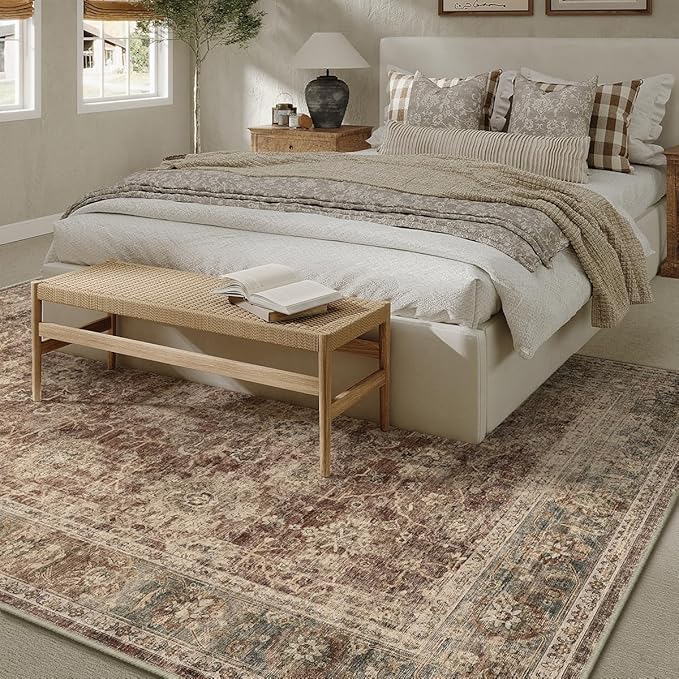 9x12 Rust Vintage Area Rug for Living Room Bedroom Distressed Rustic Large Carpet Non-Slip Low Pile Lightweight Vacuumable Soft Washable Throw Rug for Indoor Dining Room