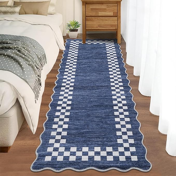GarveeHome Hallway Runner Rug 2x6 Non Slip Scalloped Washable Rug for Kitchen Entry Stain Resistant Modern Border Throw Floor Carpet Long Runner Mat for Bathroom Living Room Bedside, Blue