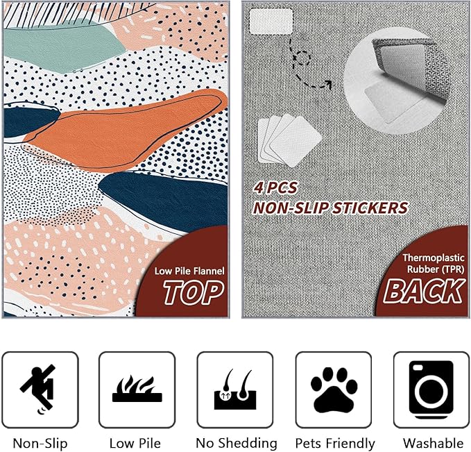Boho Bedroom Rug - Polka Dot Color Block Rug, 6x9 Area Rugs, Abstract Multicolor Non Slip Fade Resistant Large Carpets Home Decor #C049