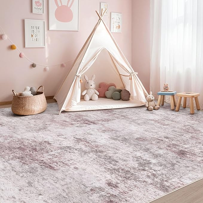 5x7 Area Living Room Rugs - Washable Neutral Modern Abstract Soft Thin Large Rug Indoor Floor No Slip Rug Carpet for Bedroom Under Dining Table Home Office Decor - Pink