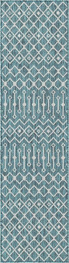 Unique Loom Outdoor Trellis Collection Area Rug - Tribal Trellis (2' x 8' Runner, Teal/ Ivory)