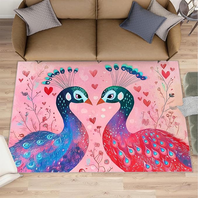 Cartoon Peacock Rug Large - 5x8 Rug, Colorful Peacock Washable Rugs for Living Room, Floral Botanical Carpet, Boho Non-Slip Area Rugs for Bedroom, Peafowl Carpet - Peafowl Home Decor & Gifts