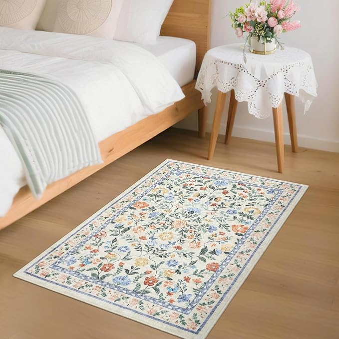 GarveeHome 2x3 Floral Rugs for Entryway, Non-Slip Soft Vintage Throw Door Mat, Low Pile Foldable Farmhouse Carpet, Non-Shedding Indoor Washable Small Rug for Bedroom Kitchen, Green