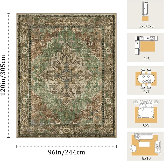 8x10 Machine Washable Area Rug for Living Room, Brown Green Boho Vintage Floral Rug Large Non-Slip Low Pile Soft Faux Wool Carpet, Kids and Pets Friendly for Bedroom Dining Room Farmhouse Decor Rug